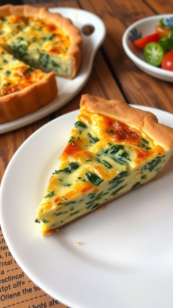 A slice of savory quiche with spinach and cheese on a plate, garnished with herbs, alongside a fresh salad.